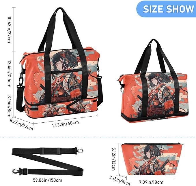 AIXIWAWA Duffel Bags Set Anime Samurai Red Print for Gym Travel with Shoes Compartment Large Capacity
