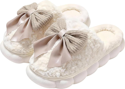 Cute Bow Slippers for Women, Womens Fuzzy Fluffy Cozy Indoor Outdoor House Slippers