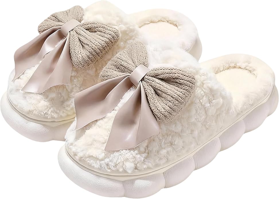 Cute Bow Slippers for Women, Womens Fuzzy Fluffy Cozy Indoor Outdoor House Slippers