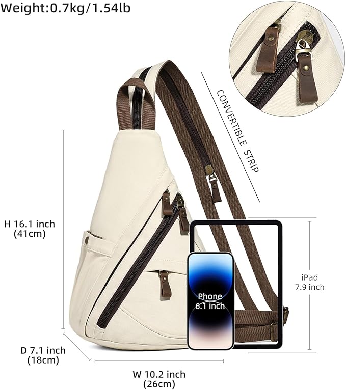 KL928 Canvas Sling Bag - Small Crossbody Backpack Shoulder Casual Daypack Rucksack for Men Women(Large Version,Beige)