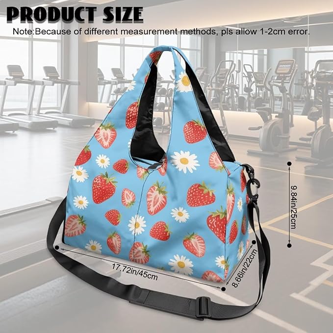 Daisy Duffel Bag for Travel with Shoe Compartment Blue Workout Bag with Yoga Mat Holder for Women, Waterproof Strawberry Print Gym Duffel Adjustable Shoulder Strap