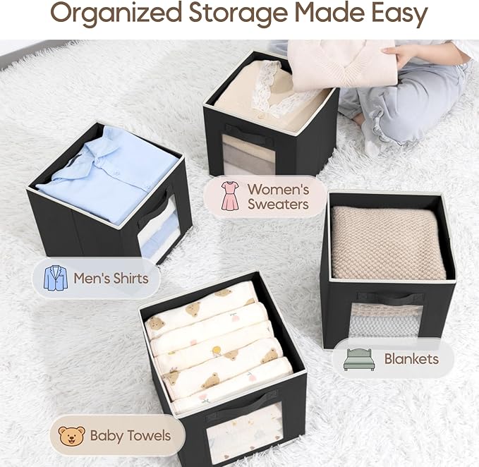 Foldable Storage Cubes - Cubby Storage Organizer with Window, Decorative Baskets for Organizing, 11 Inch Fabric Cube Shelf Bins, Set of 10, Black