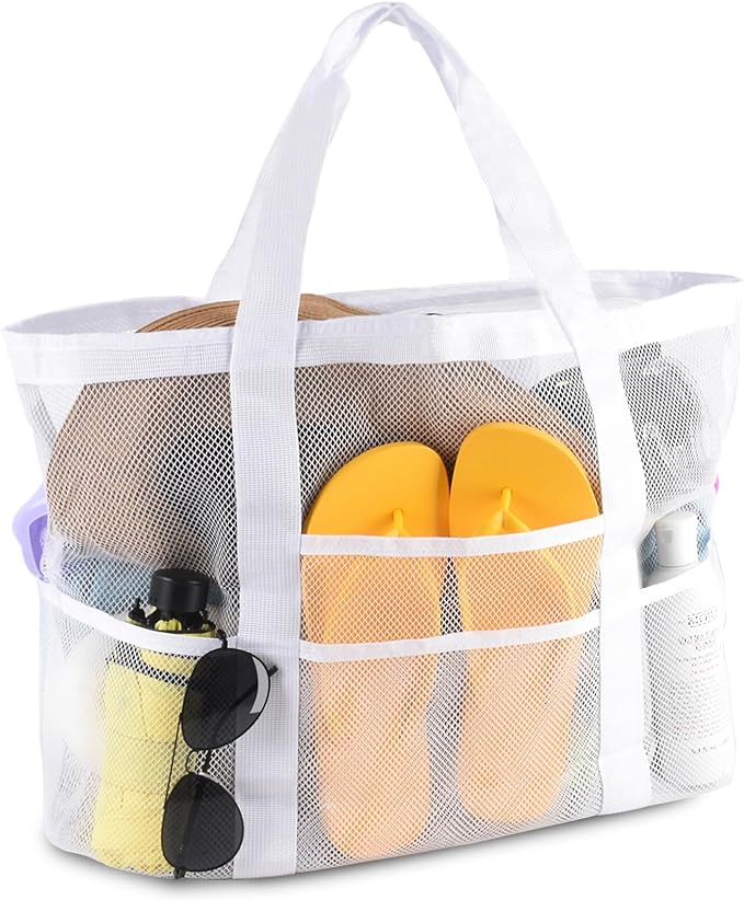 Mesh Beach Bag,Large Beach Bags for Women with 8 Pockets,Packable Tote Bag for Beach Cruise Pool Vacation Essentials