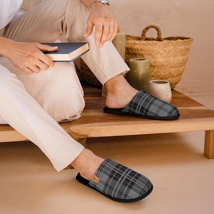 VeraCosy Men's Corduroy Scuff Slippers Soft Comfy Memory Foam Non-slip Indoor House Shoes