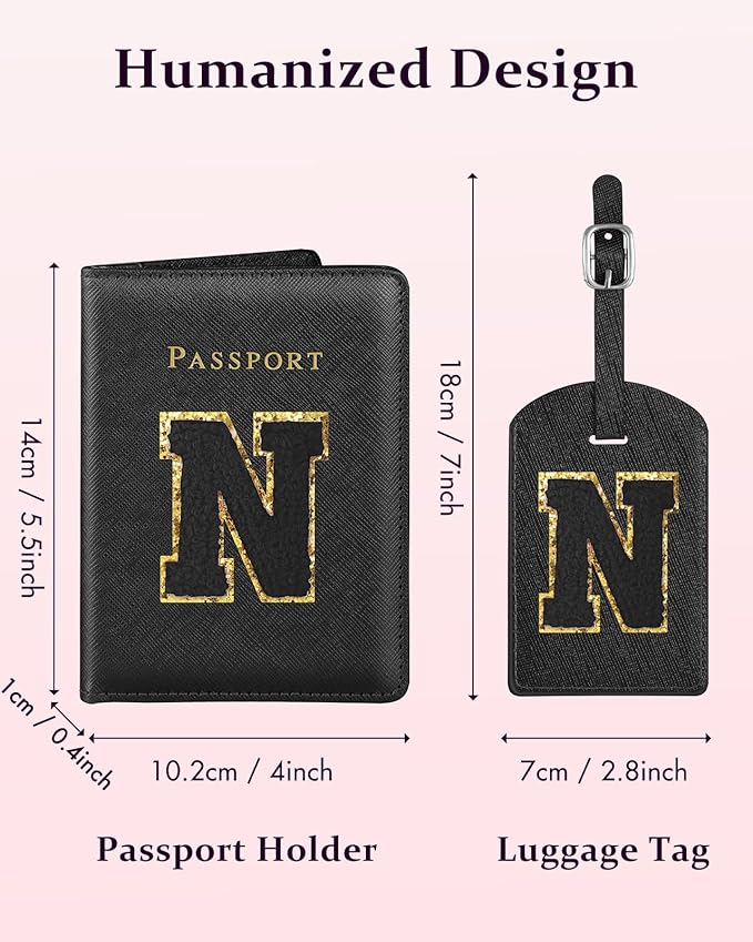 Slohif Passport Holder Initial Lugguage Tag Set Suitcase Cover Wallet Case for Travel Women - Leather Letter Passport Book Personalized Organizer Card Protector Sleeve Essentials Slim Carrier Black N