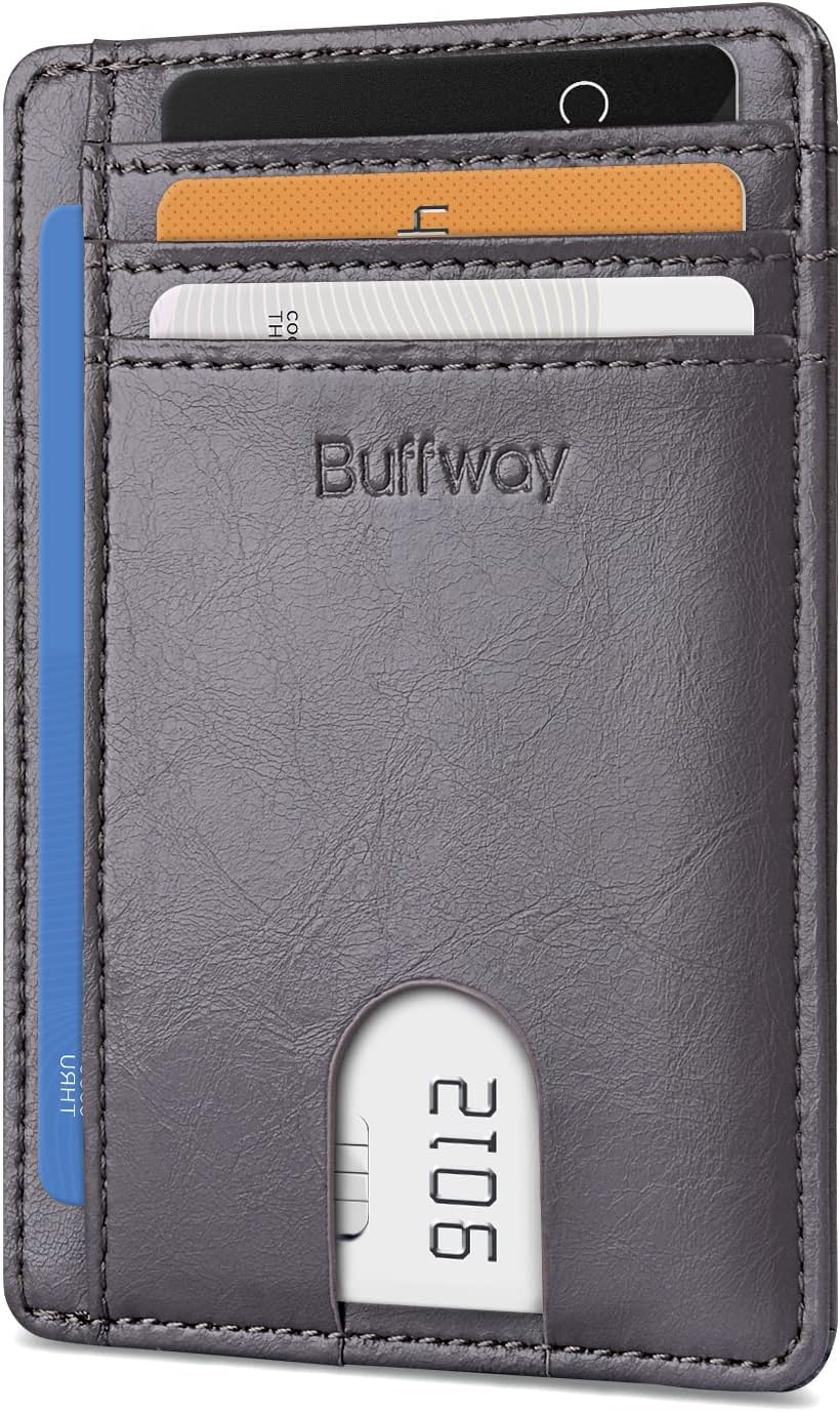 Buffway Slim Minimalist Front Pocket RFID Blocking Leather Wallets for Men and Women - Alaska Grey