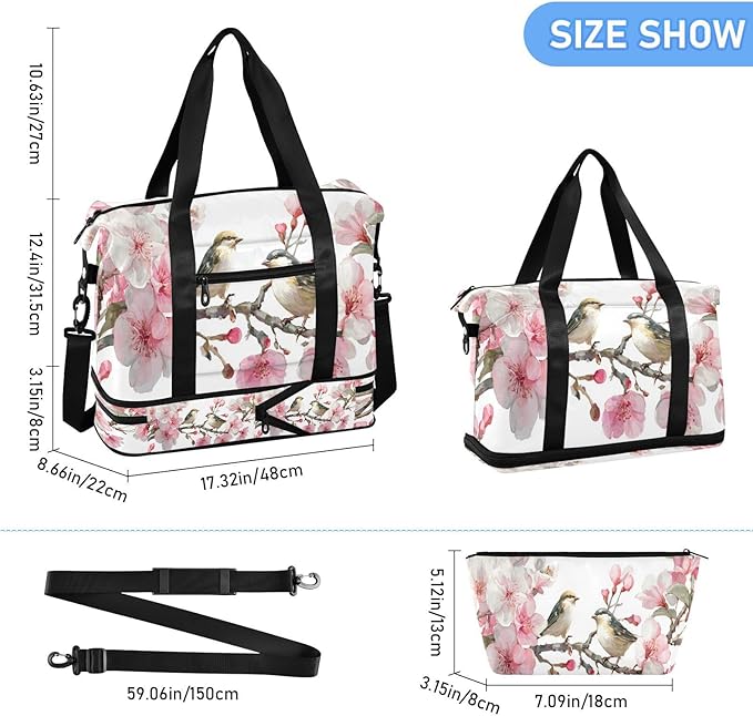Travel Duffel Bags for Women Watercolor Birds on Pink Flower Branch Sports Duffel Bags Gym Bags with Shoes Compartment Tote Bag Weekender Bag for Travelling