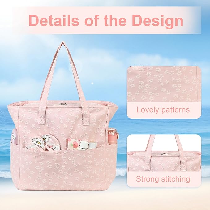 LEDAOU Large Beach Bag Women Waterproof Sandproof Zipper Beach Tote Pool Bag for Swim Gym Grocery Travel with Wet Pocket | Waterproof, Sandproof, Zipper, Pool, Gym, Grocery