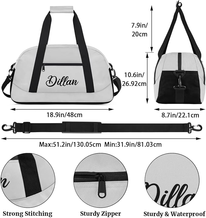 Custom Name Gym Duffel for Kids,Personalized Sports Bag Lightweight Gym Bags for Boys & Girls,Fitness Travel Weekender for Travel, and Workout Light Gray