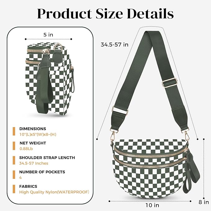 Spacious Nylon Checkered Crossbody Bum Bag for Women, Fashion Checkerboard Fanny Pack Purse with Anti-theft Pocket, Adjustable Wider Strap Wasit Bag (White-Green)