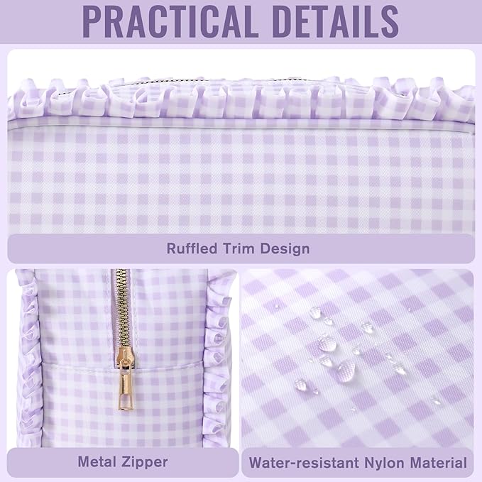 Gingham Ruffle Makeup Bag,Large Travel Cute Cosmetic Bag for Women Girls,Toiletry Bag Make up Organizer 10.8 x 4.5 x 8 inch (Purple Gingham)