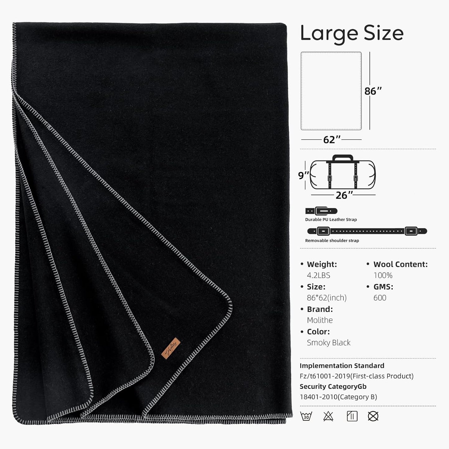 100% Wool Blanket, 62" x 86", Warm, Thick, Washable, Military Wool Blanket, Great for Camping, Outdoors, Sporting Events, Survival Kits,Carbon Black