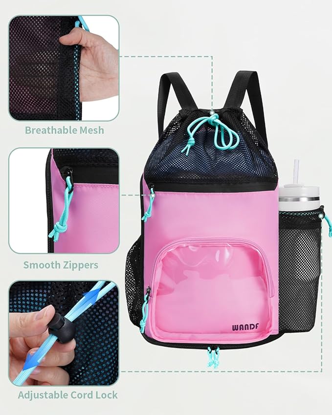WANDF Swim Bag with Wet Pockets, Sandproof Beach Backpack with 40oz Tumbler Side Pockets, Mesh Drawstring Backpack Swim Bag for Swimming, Pool, Gym and Workout Gear (Pink)