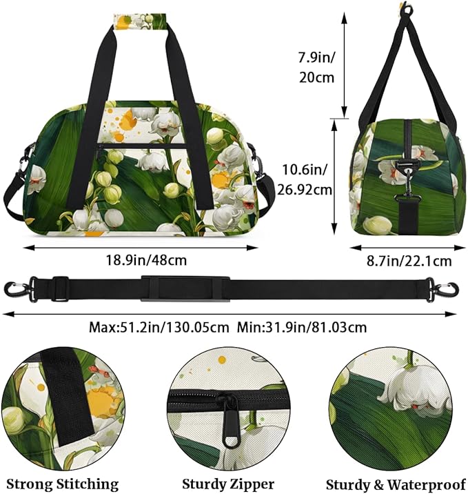 Lovely Lily of the Valley Gym Travel Duffle Bag for Women & Men with Front Zipper Pocket for Sports, Overnight, Weekender, Carry On,Workout & Dance Bag,Cute White,18.9 * 8.7 * 10.6 in