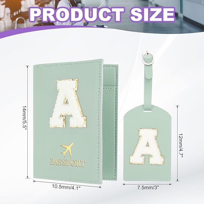PATIKIL Passport Holder for Travel, Initial Passport Cover and Luggage Tag Set with Alphabet Chenille Letter Patch Travel Wallet Bag Suitcase Identifier for Women Family Travel Green A