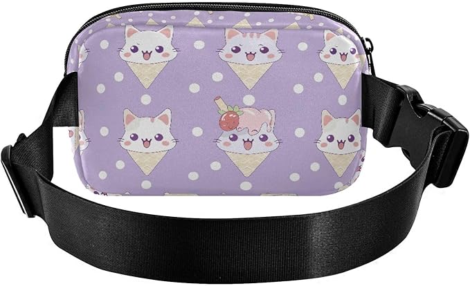 Kawaii Cat Ice Cream Polka Dots Fanny Pack for Women Men Water Resistant Fashion Waist Packs with Adjustable Strap Belt Bag for Travel Workout Jogging Hiking 21219102