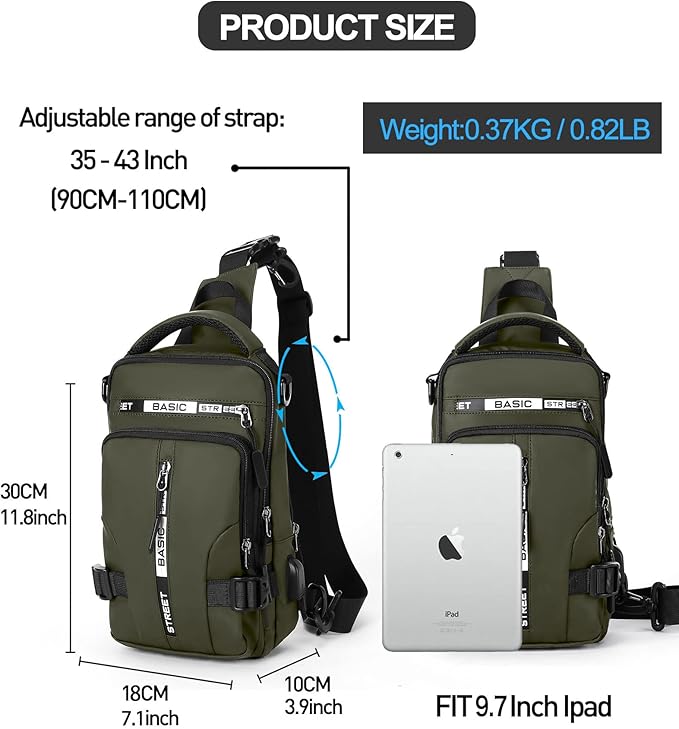 SEAFEW Small Sling Crossbody Backpack Shoulder Bag for Men, Lightweight One Strap Backpack Sling BacK pack for Hiking Walking Biking Travel Cycling USB Charger Port-Nylon (Olive Green)