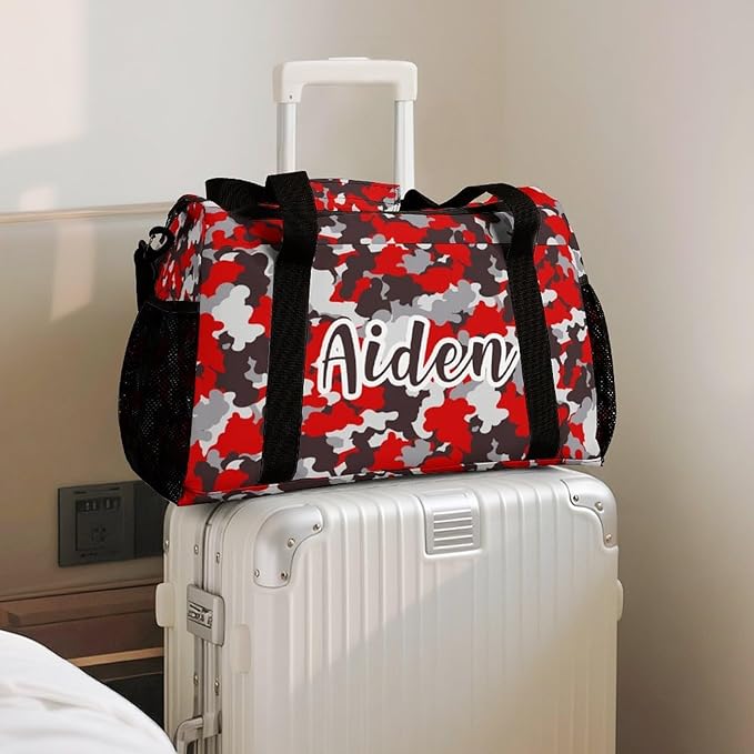 Personalized Red Camouflage Brown Camo Pattern Duffle Bag with Name for Women Man Custom Travel Perform Training Bag for Men Women Luggage Bag