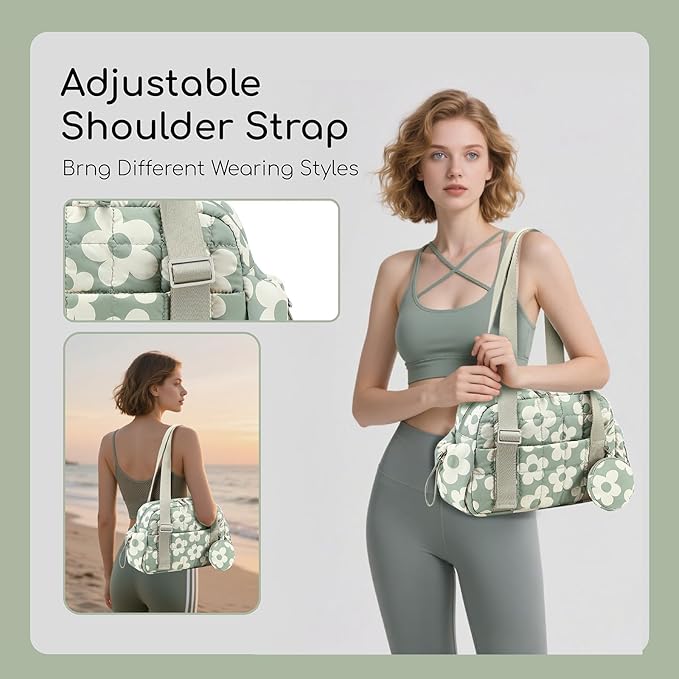 CAMTOP Mini Gym Bag for Women, Small Gym Tote Bag Puffy Quilted Sports Duffel Bag with Wet Compartment and Coin Purse Duffel Bags Dance Yoga Workout Bag for Gifts (Green Flower, Mini-12.6")