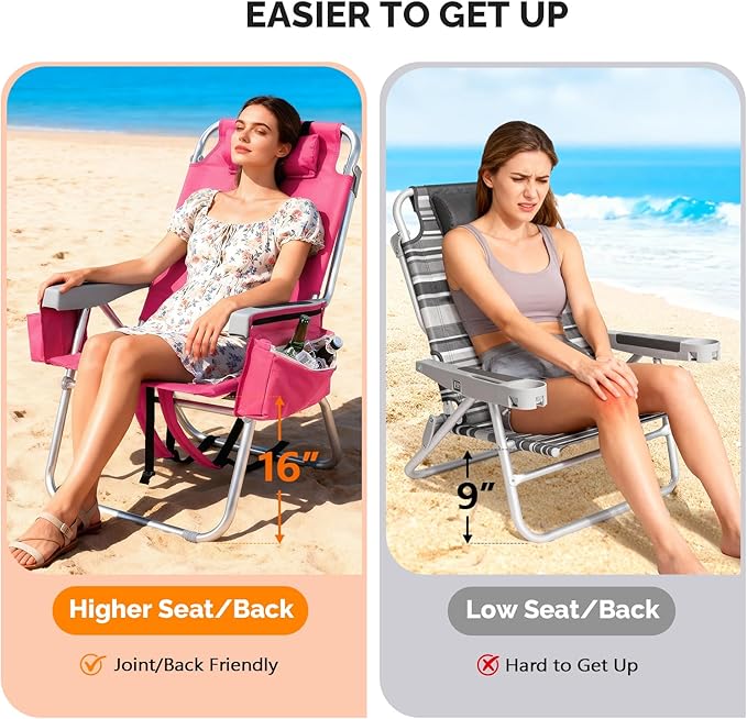 VINGLI Tall Beach Chair 2 Pack Lightweight, Backpack Beach Chair for Adults with 5-Position, Cooler Bag, Cup Holders, Towel Bar, Lightweight Folding Beach Camping Chairs