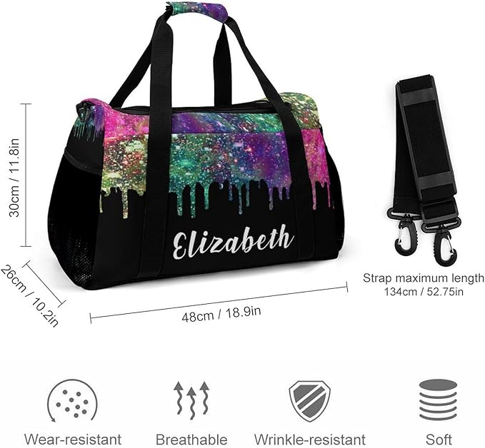 Custom Handheld Crossbody Travel Bag Colorful Black Sequin Glitter Print Lightweight Gym Bags Duffel Bag with Name Adjustable Shoulder Strap Backpacks