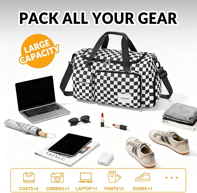 WOOMADA Foldable Travel Duffel Bag for Women, Weekender Bags with Shoes Compartment,Overnight Bag with Wet Pocket & Trolley Sleeve(black&white checkboard)