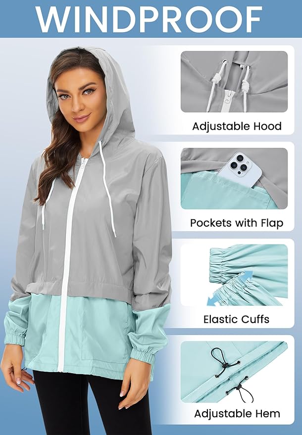 Zando Lightweight Rain Jacket Women Waterproof - Raincoat for Women Packable Rain coat Hooded Windbreaker for Travel Outdoor