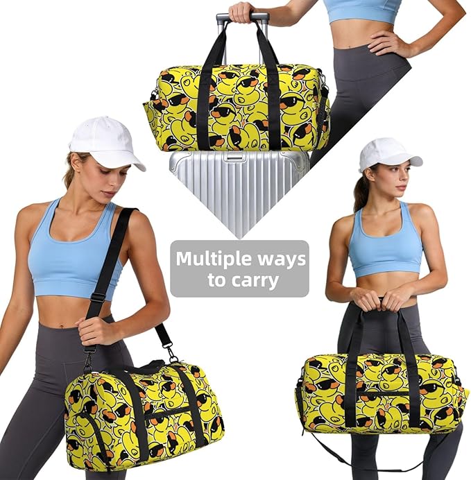 Cartoon Duck Sunglasses Sports Gym Bag For Men Women Travel Duffel Bag With Shoe Compartment Water Resistant Gym Bag Carry On Duffel Bag For Yoga Gym Sports Weekend Traveling