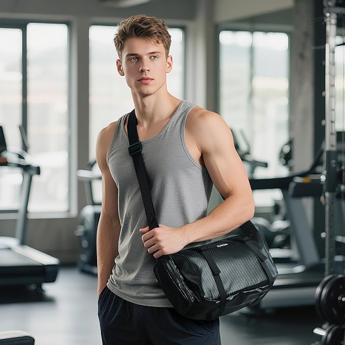 Small Sports Bag Waterproof Ultra-Light Gym Duffle for Men & Women Compact Mini Crossbody Bags, Perfect for Running, Travel & Light Gym (black-woven)