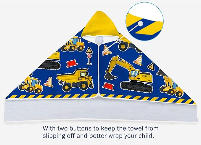 Kids Beach Towel With Hood - Excavators Vehicles Engineering Theme for Boys Girls, Microfiber Soft Bath Poncho Bathrobe Wrap Robe for Swim Pool - Cool Children's Gift