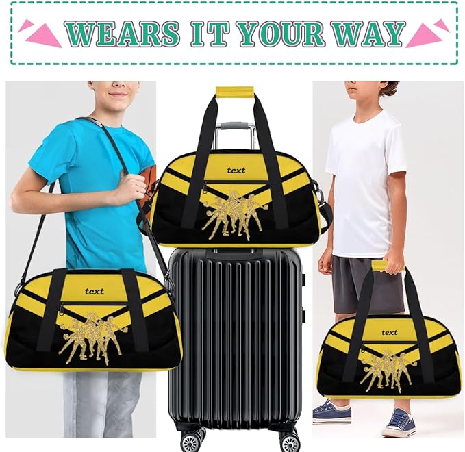 Custom Name Black Yellow Cheerleading Gym Travel Duffle Bag with Front Zipper Pocket Personalizedfor Sports Bag for Overnight, Weekender, Carry On,Workout & Dance, 18.9 * 8.7 * 10.6 in