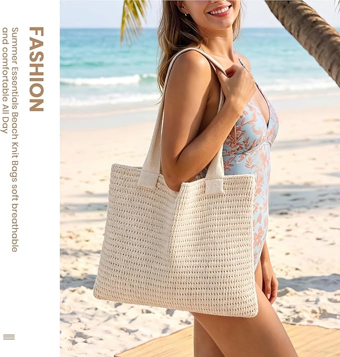 SUOSDEY Crochet Mesh Beach Tote Bag, Knit Summer Vacation Aesthetic Boho Tote Bag for Women