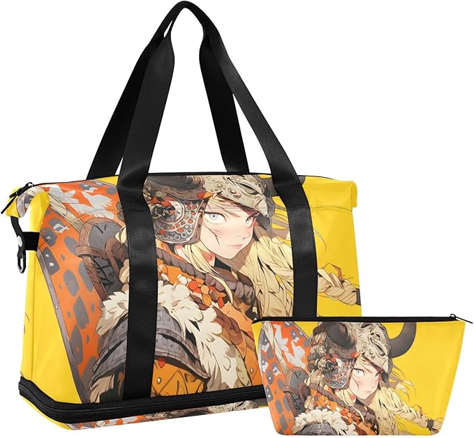 Anime Warrior Woman Print Gym Bag Duffel Bags Weekender Overnight Bag Set with Shoes Compartment for Travel Sports Yoga