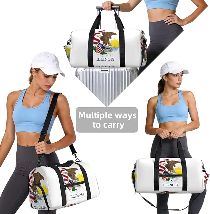 Illinois State Flag Print Gym Bag with Shoe Compartment for Women Men, 17.7in Sports Duffle Weekender Tote, Overnight Travel Duffel Bag Carry On