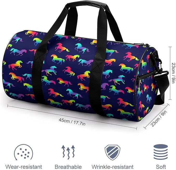 Gym Sports Travel Workout Bag Rainbow Horses Dance Gymnastics Bag Lightweight Carry On Bags Foldable Overnight Bags