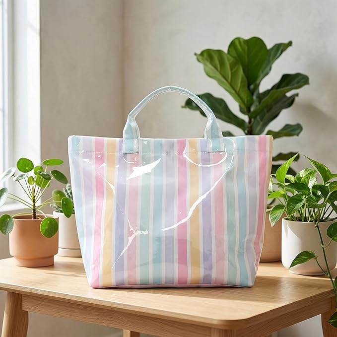 JQWYGB Striped PVC Tote Bag Large Glossy Striped Handbags Waterproof Top Handle Bag Plastic Tote Handbag Beach Travel Work
