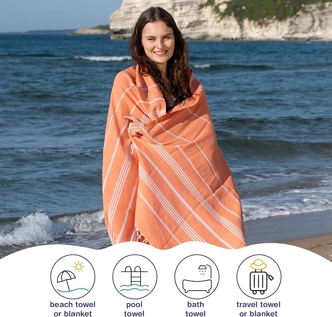 Turkish Beach Towels, Pack of 6 | Oversized, Quick Dry, Sand Free | 100% Cotton, Large 38x71 Towels for Beach, Pool, Travel | Ultra-Soft, Compact, and Absorbent | Orange