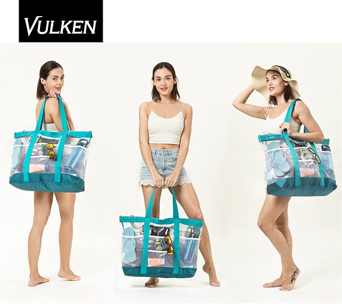 Vulken 42L Extra Large Mesh Beach Bag. 9 Pockets Top Zip Tote Bag Shoulder Bag