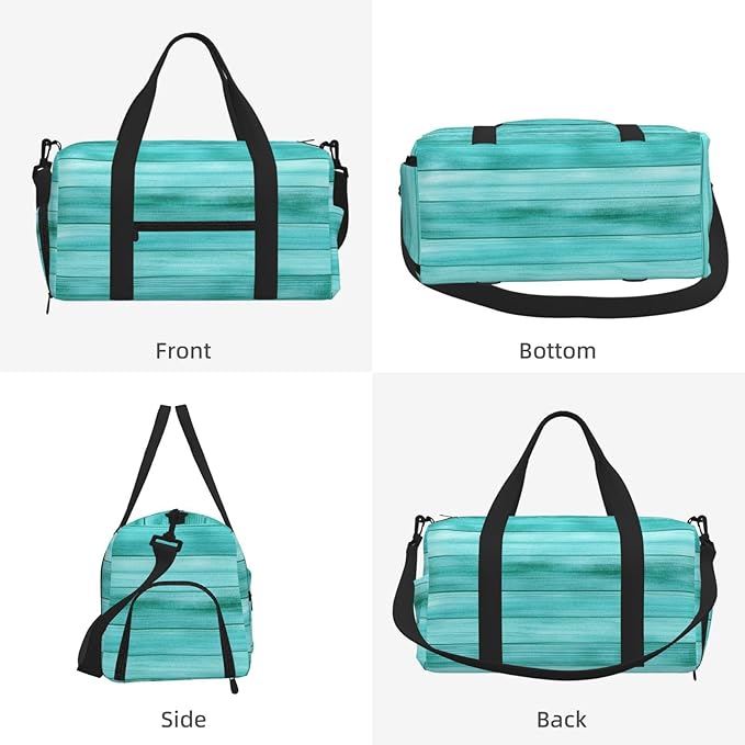 Sports Gym Bag Teal Green Wood Board Travel Duffel Bag With Shoe Compartment Shoulder Strap, Lightweight Water-Resistant Weekend Overnight Totes For Women Men