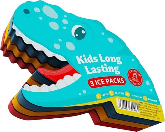 Healthy Packers® Slim Reusable Ice Packs for Lunch Boxes Kids and Adults | Long‑Lasting Thin Freezer Packs for Coolers, Bento Boxes, Lunch Bags, Travel, School Meals, and Meal Prep (3-Pack | Dinosaur)