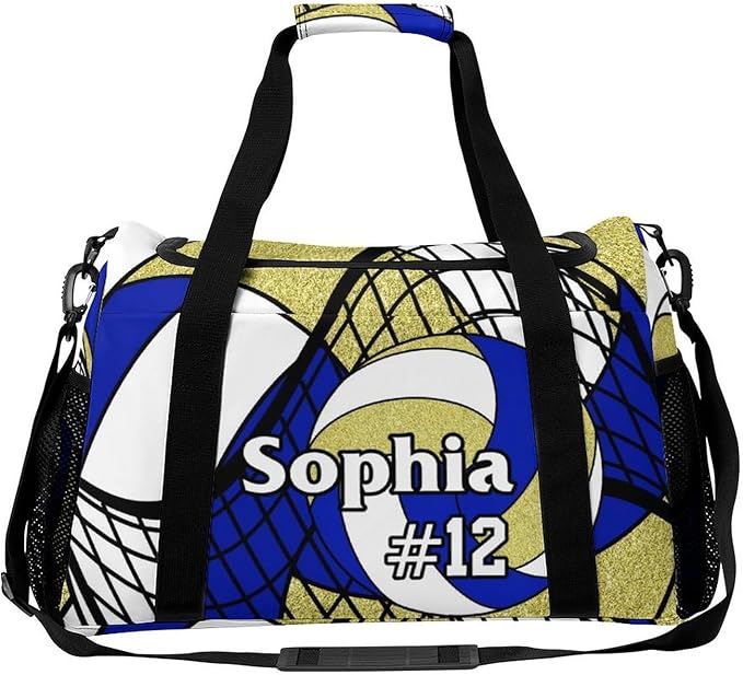 Custom Volleyball Deep Blue Gold Duffel Bag with Name Personalized Travel Bags Sport Gym Bag Carry On Weekender Bags for Men Women