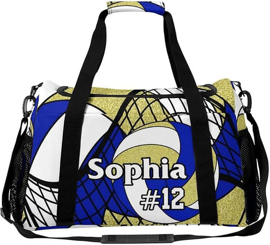 Custom Volleyball Deep Blue Gold Duffel Bag with Name Personalized Travel Bags Sport Gym Bag Carry On Weekender Bags for Men Women