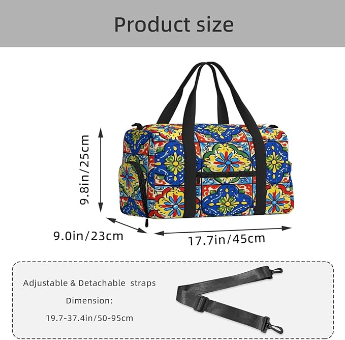Sports Gym Bag Mexican Talavera Tiles Flower Travel Duffel Bag With Shoe Compartment Shoulder Strap, Lightweight Water-Resistant Weekend Overnight Totes For Women Men
