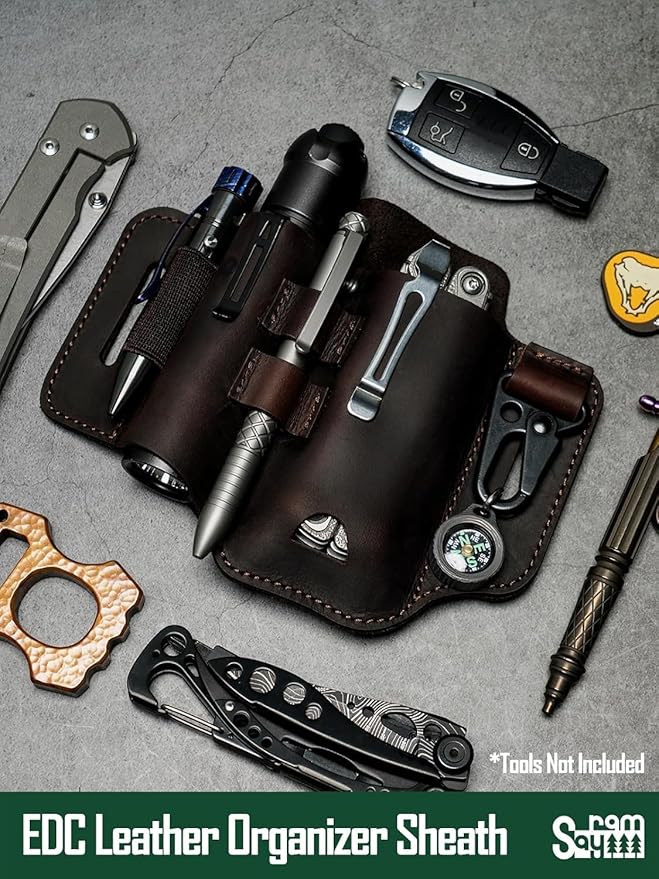 ST2 Leather Multitool Sheath, EDC Leather Belt Organizer, Belt EDC Organizer for Leatherman Tools, Flashlight, Pen, and Keychain Clip, Great for Work and Daily Use, Ideal Gift for Men