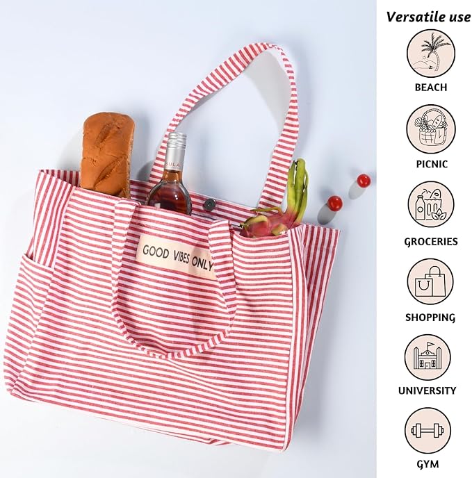 Folkulture Beach Bag For Women | 17 x 14 Inch - 100% Cotton Beach Tote Bag With Zipper Pocket Inside, Large Woven Pool Bag