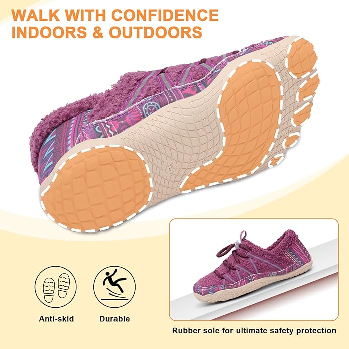 relxfeet Women's Wide Width Slippers Cozy Furry Barefoot House Shoes with Adjustable Fit Non-Slip Indoor Outdoor Slippers for Diabetic Bunion Swollen Feet Friendly