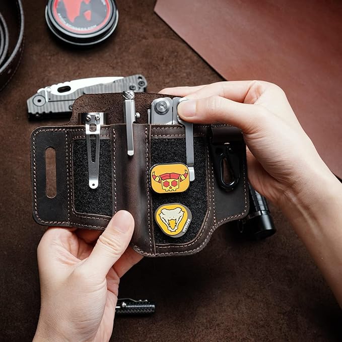 VIPERADE PL3 Multitool Sheath, Leather Sheath with DIY Patch Area, EDC Pocket Organizer for Men, Leatherman Sheath Flashlight Holder with Pen Holder, EDC Belt Organizer with Key Holder (A-Dark Brown)