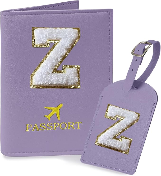 COSHAYSOO Purple Passport Cover and Initial Luggage Tag Set TSA Approved with Preppy Chenille Letter Patch for Women Girl Teens, 2023 Trendy Travel Bag Backpack Suitcase Identifier Essential Gifts (Z)