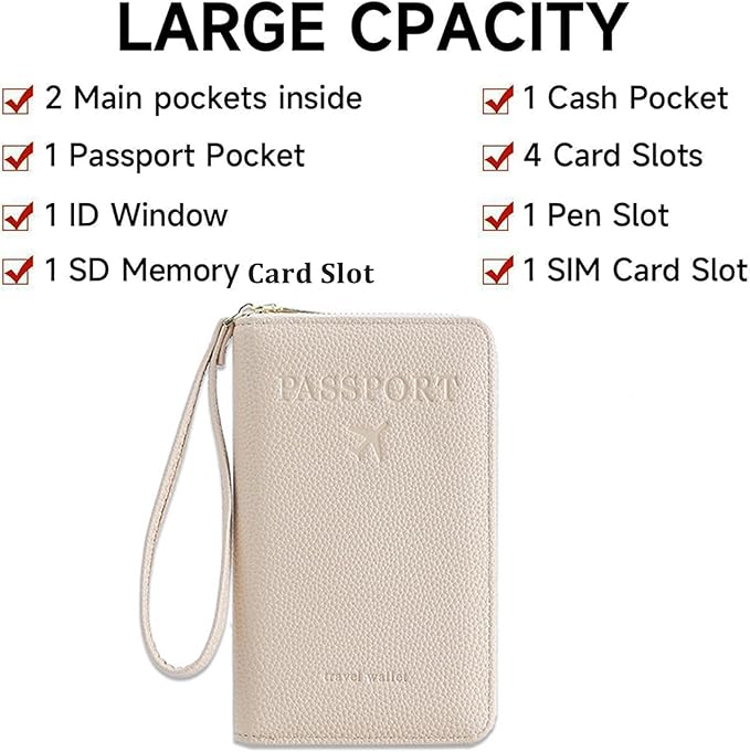 Multi-Functional Passport Holder Cover with Purse Charms,Premium Travel Wallet RFID Blocking Passport Cover Card Case for Holds Phones, Passports, Cash, Cards & Boarding Passes-Beige