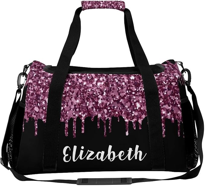 Duffle Bag, Personalized Name Bling Sequin Glitter Print Black Travel Bag, Lightweight Gym Training Sports Bags Custom Unisex Gifts for Men Women